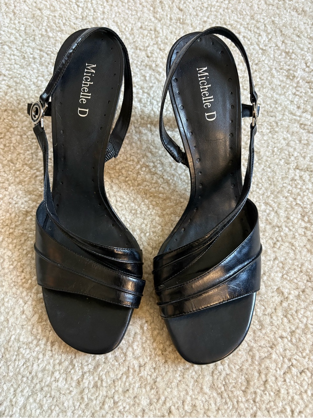Michelle D Black Leather Strappy Slingback Heels